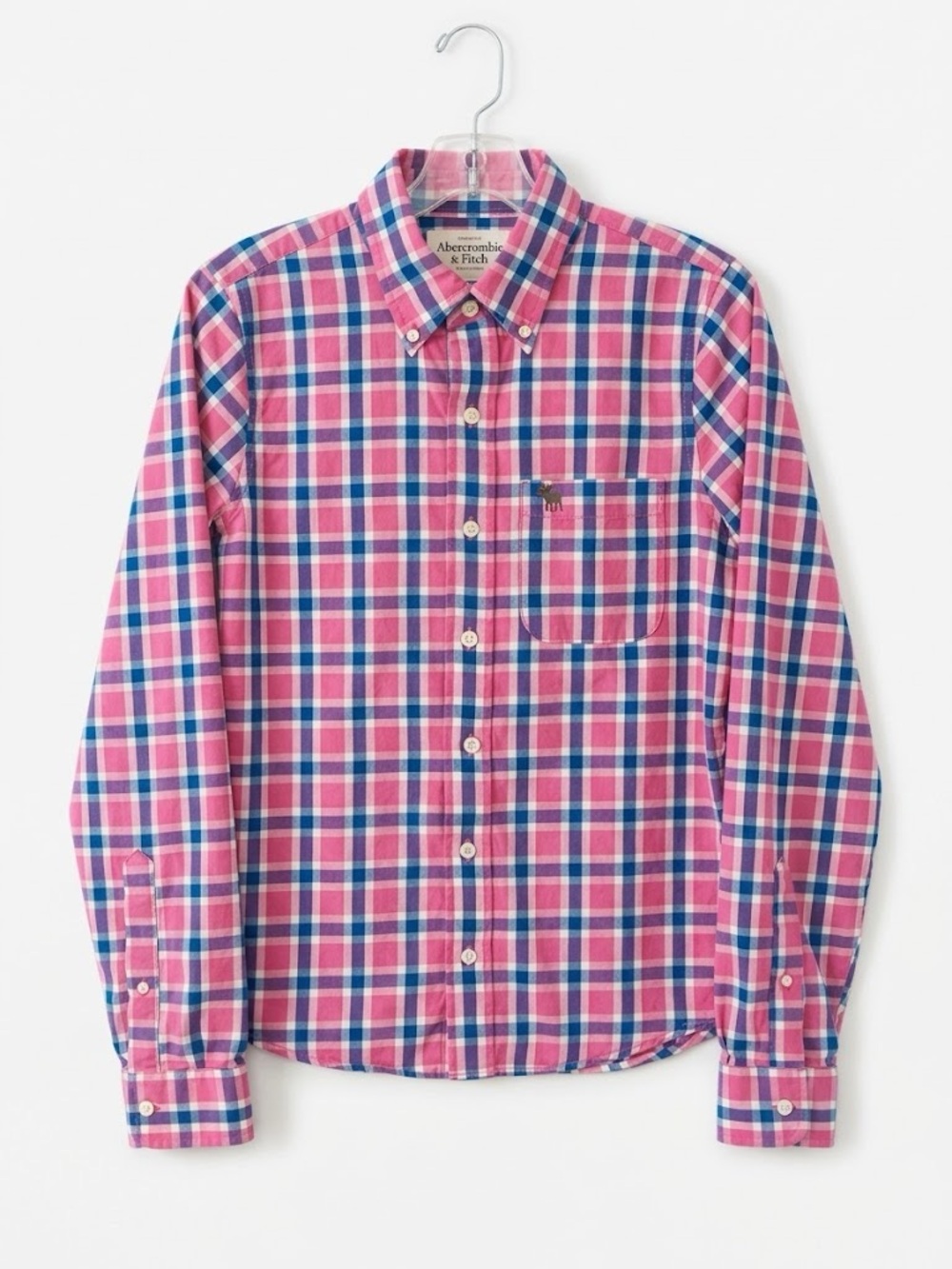 Abercrombie & Fitch Muscle Plaid Long Sleeve Button-Down Shirt Pink Blue Medium
